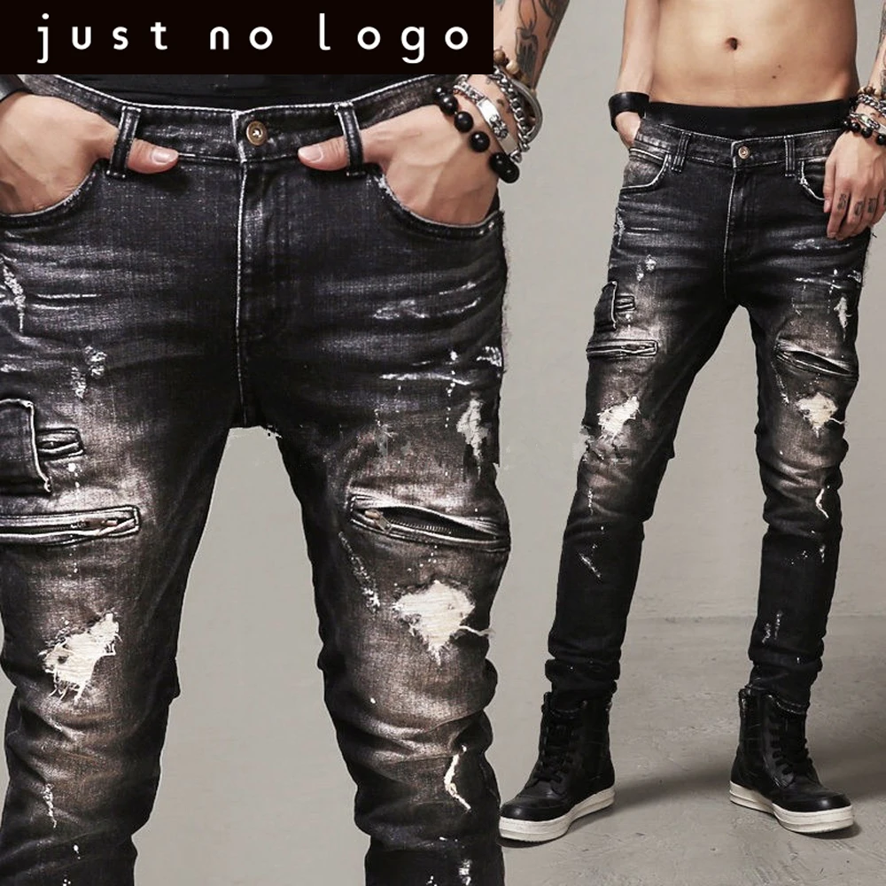 Mens Distressed Ripped Jeans Zipper Hiphop Black Dark Biker Motorcycle ...