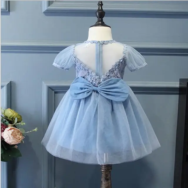 toddler girls puff sleeve lace tulle dress with bows on the back little kids tiered victorian