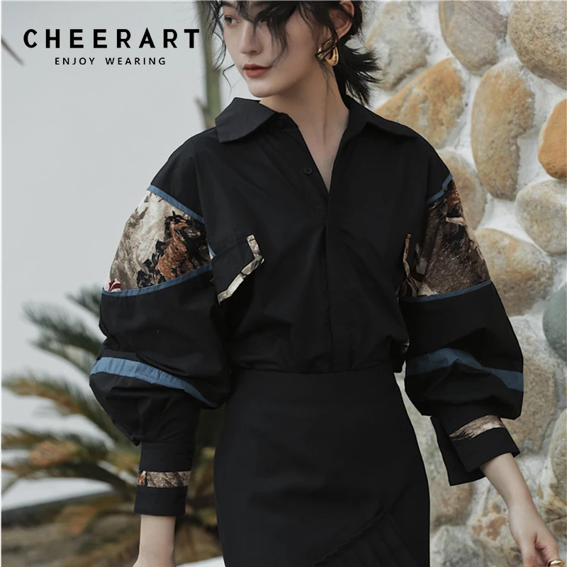 Cheerart, винтажная женская блузка с длинным рукавом, большая черная рубашка с принтом, хлопковые топы и блузки, женская уличная одежда