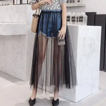 

Womens High Waist Single Layer Ruffles Maxi Long Overlay Skirt Pleated Wedding Party See-Through Mesh Solid Color Thin Overskirt
