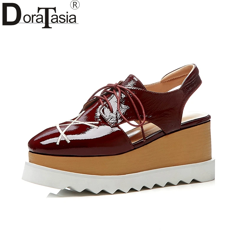 

large size33-42 cow genuine leather wedge heel platform Women sandals lace up top quality Shoes Woman