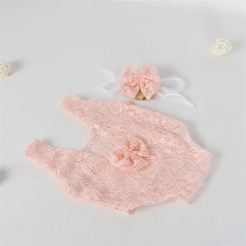 

Baby Clothes Lace Romper Tieback Set Newborn Photography Props Handmade Sleep hat and romper set Photo props