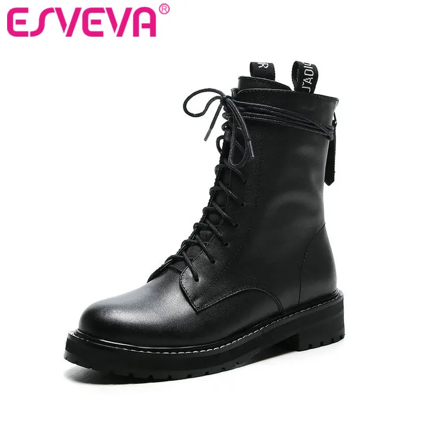 

ESVEVA 2020 Square Heel Women Shoes Winter Leather+PU Ankle Boots Motorcycle Concise Round Toe Punk Short Boots Size 34-41