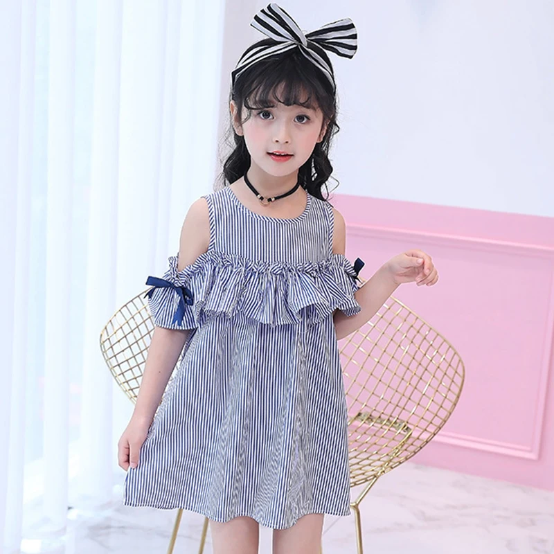 5 16Y Summer Girl Dress Striped Off Shoulder Ruffle Children Kids Berry ...