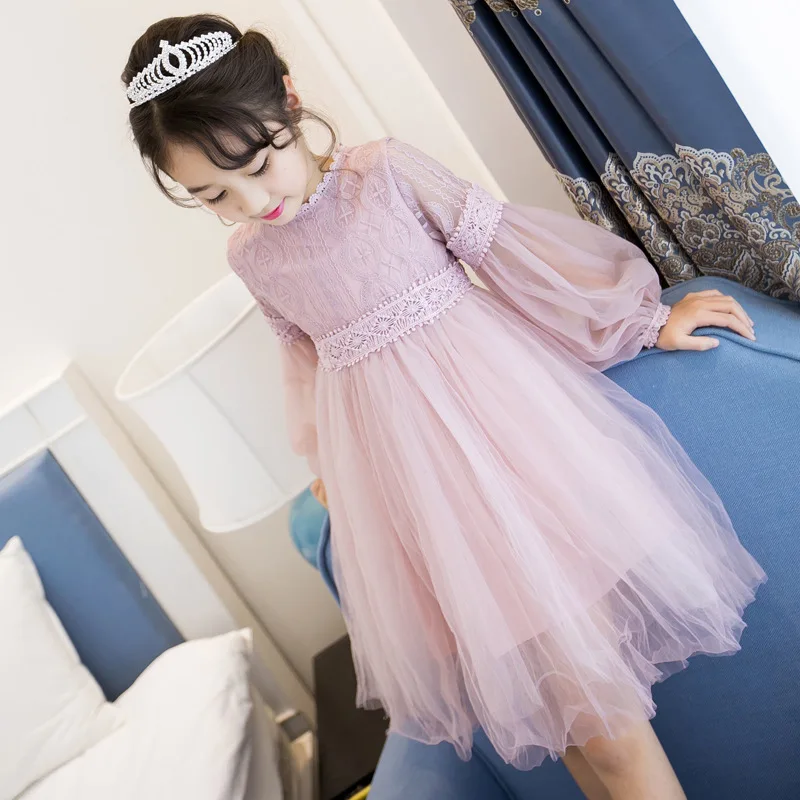 

Girls dress long sleeved princess skirt 2017 children's clothes, summer and spring bubble sleeve lace children's skirt