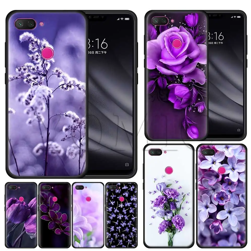 

Silicone Case for Xiaomi 8 A2 Lite A1 5X 6X poco F1 Play Redmi K20 Pro Note 7 6 Black Case Cover Simple Lavender Purple Flowers