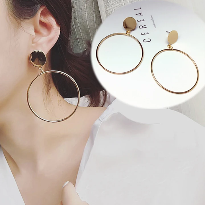 Trendy Gold Sliver Color Geometric Large Hollow Big Round Circle Earrings For Women  Hiphop Rock Simple   Drop Earrings Fashion Jewelry 