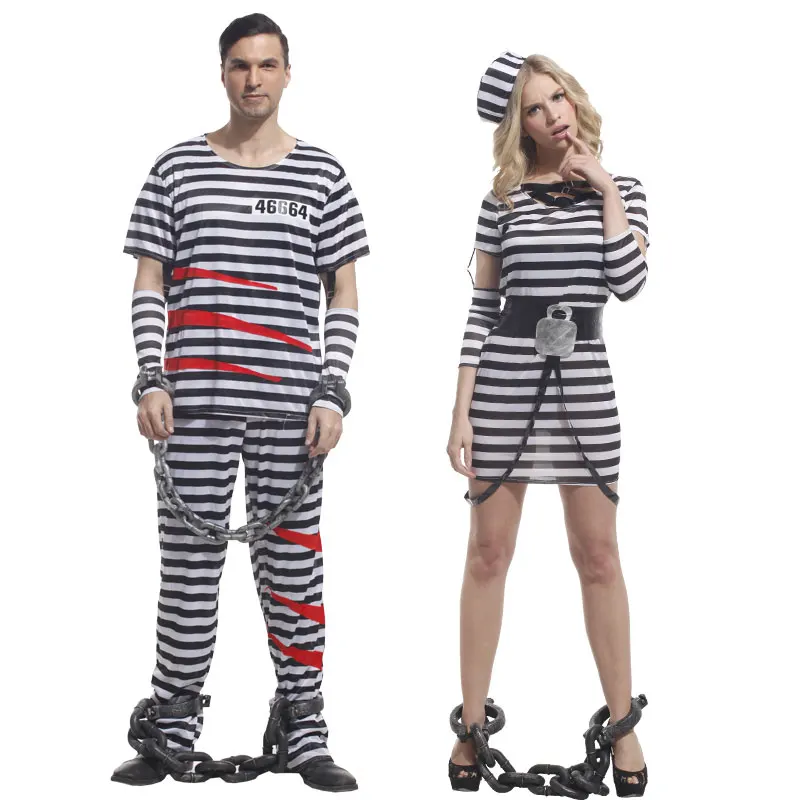 ADULT COUPLES PRISONER COSTUMES CONVICT HALLOWEEN FANCY DRESS HIS AND HERS