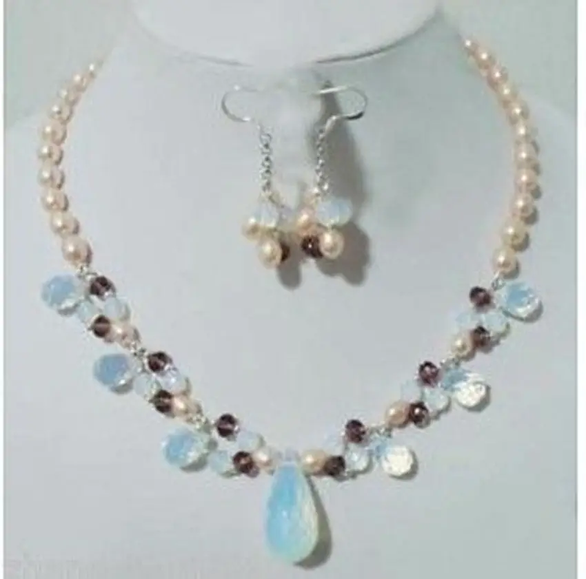 

Hot sale new Style >>>>Pink Pearl Blue Opal Amethyst Pendant Necklace Earring