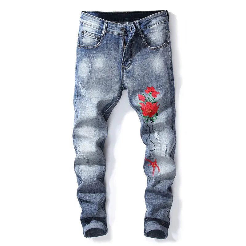 MORUANCLE New Mens Ripped Jeans With Flower Embroidery Slim Fit Stretch