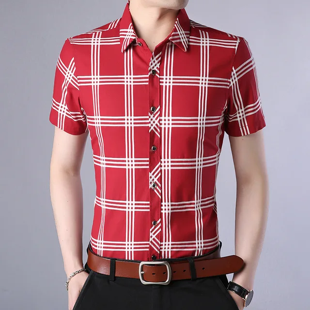 Men's Short Sleeve Contrast Plaid/Striped Cotton Dress Shirt with Turn ...