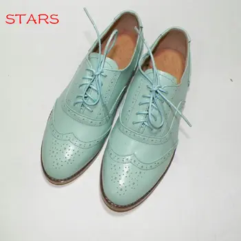 

Valentine !European Tide Women Flats Genuine Leather Oxford Shoes For Women Candy Color Lace Up Big Size Walking Shoes