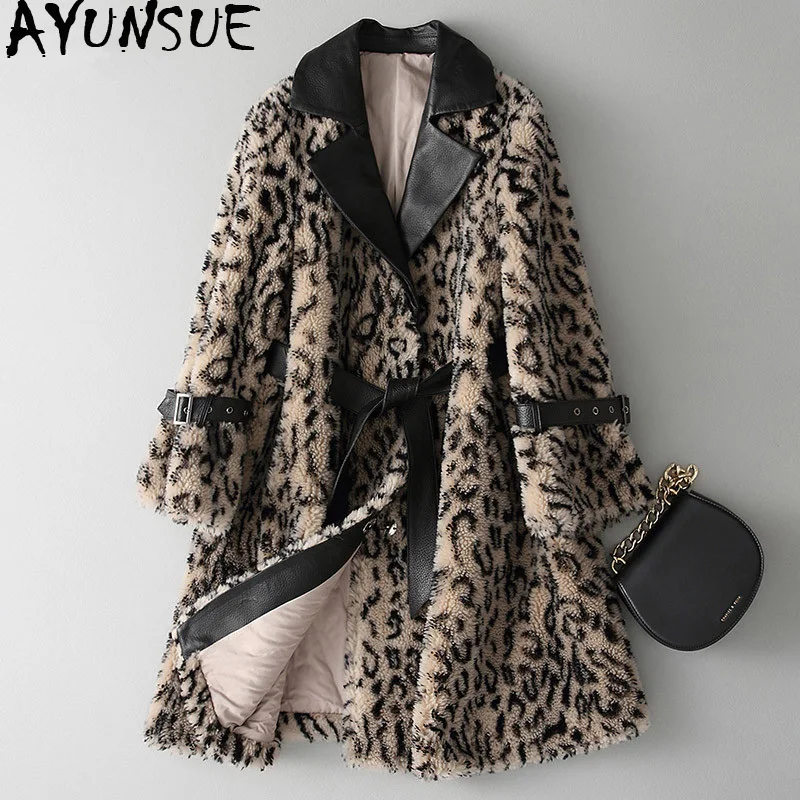 AYUNSUE Real Lamb Fur Coat Female Jacket 2019 Autumn Winter Jacket Women 100% Wool Coats and Jackets Women Leopard Jacket MY3522