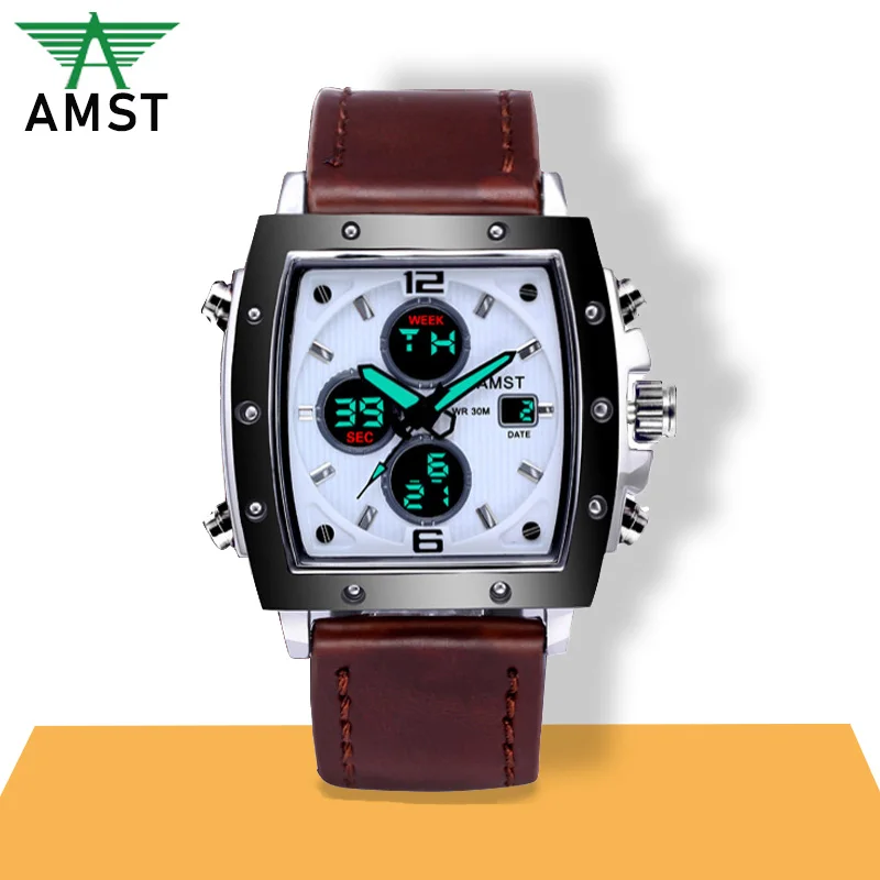 

AMST Mens Square Watch Double Display Quartzel Ectronic Clock 50M Waterproof Watch Men Luxury Brand Leather Wristwatch 2019 New