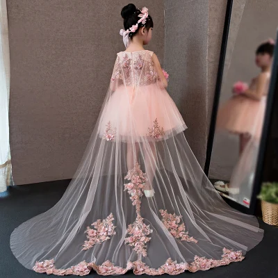Платья с цветочным узором для девочек; Glizt; розовое кружевное платье с аппликацией для девочек; свадебное платье со шлейфом; платья костюмы для детей; Детская летняя одежда - Цвет: Розовый