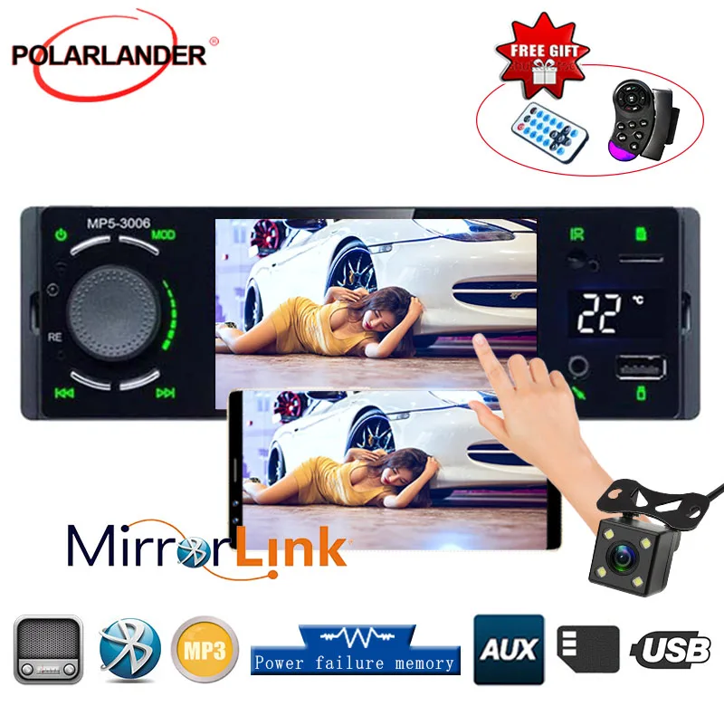 Rádio com Entrada Sensível ao Toque Suporte ao Espelho Display de Temperatura Automotivo de 4.1 Rádio Tela hd Link Bluetooth Traseiro Ver Câmera ”1 Din Usb Aux