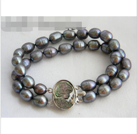 

2Strands 8'' 9.5MM Gray Rice Freshwater Pearl Bracelet @^Noble style Natural Fine jewe SHIPPING new >>free shipping