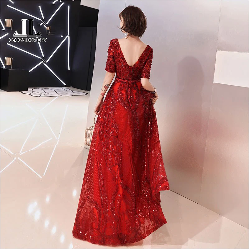 LOVONEY Elegant V Neck Sequins Evening Dress Long Open Back Half Sleeves Formal Party Dresses Evening Gown Robe De Soiree XYG821 LOVONEY Elegant V Neck Sequins Evening Dress Long Open Back Half Sleeves Formal Party Dresses Evening Gown Robe De Soiree XYG821