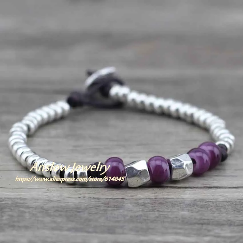 Бренд Anslow, высокое качество, модный кожаный браслет с бусинами для мальчиков и девочек, студенческий браслет для женщин, подарок, LOW0437LB - Окраска металла: purple