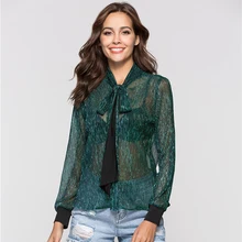 New 2018 Spring Summer Fashion Women’s Shirt Female Transparent Reflective Mesh Bow Office Blouses and Tops