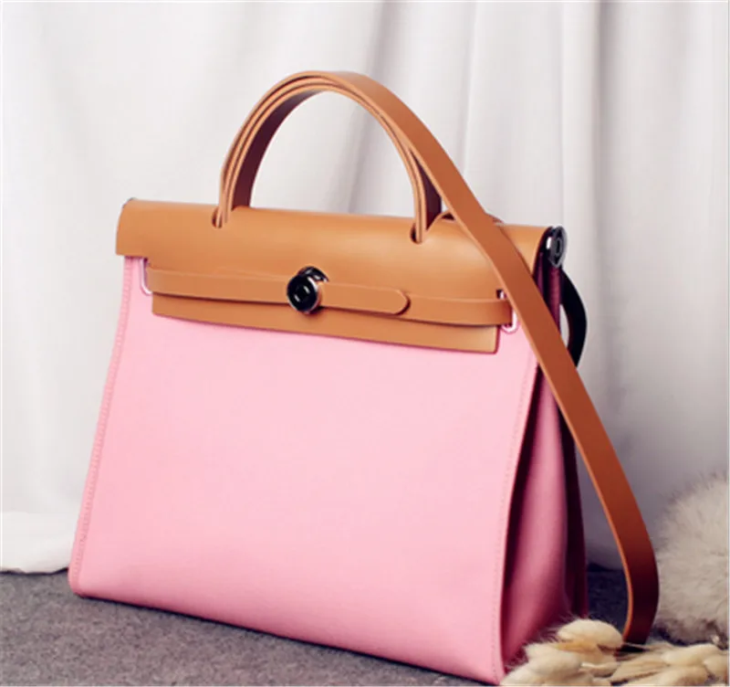 Роскошная женская Холщовая Сумка из натуральной кожи, женские сумки из воловьей кожи, женские ручные сумки, дизайнерская сумка на плечо, клатч, кошелек, сумка - Цвет: Розовый
