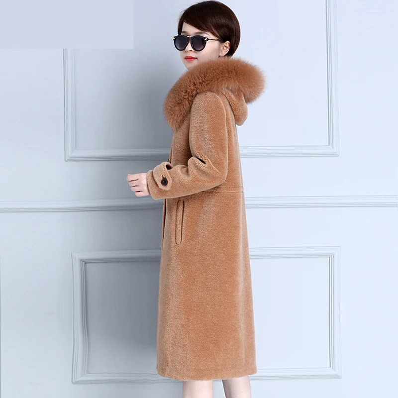 New100 Beige Capuche Slim Véritable À Mouton Veste Manteau Fourrure Européenne Laine De camel Z845 Hiver Femmes Renard Tops SrSnfqaw