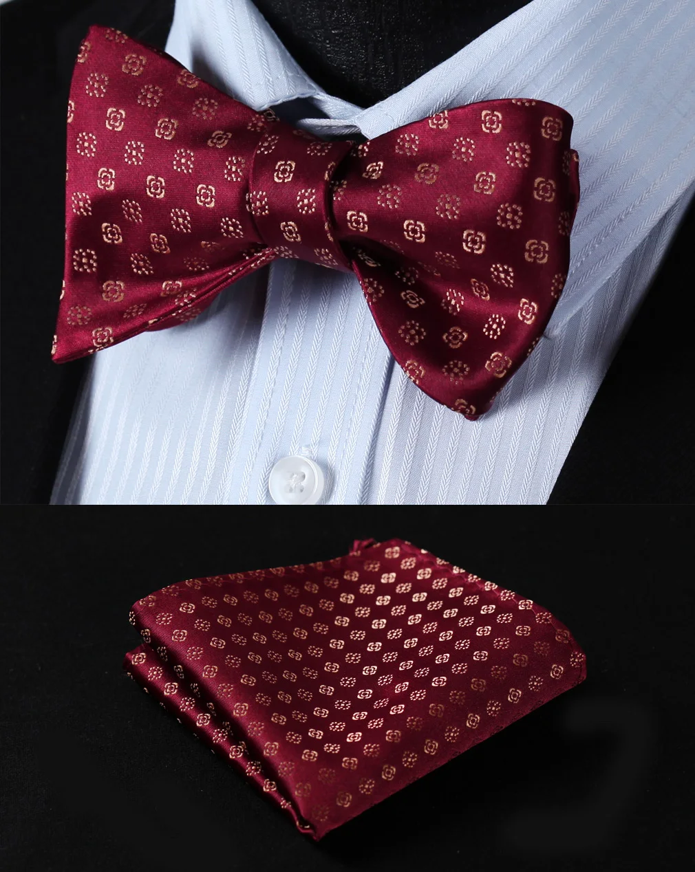 Pocket Square Classic Party Wedding BF602RS Burgundy Gold Floral Bowtie Men Silk Self Bow Tie
