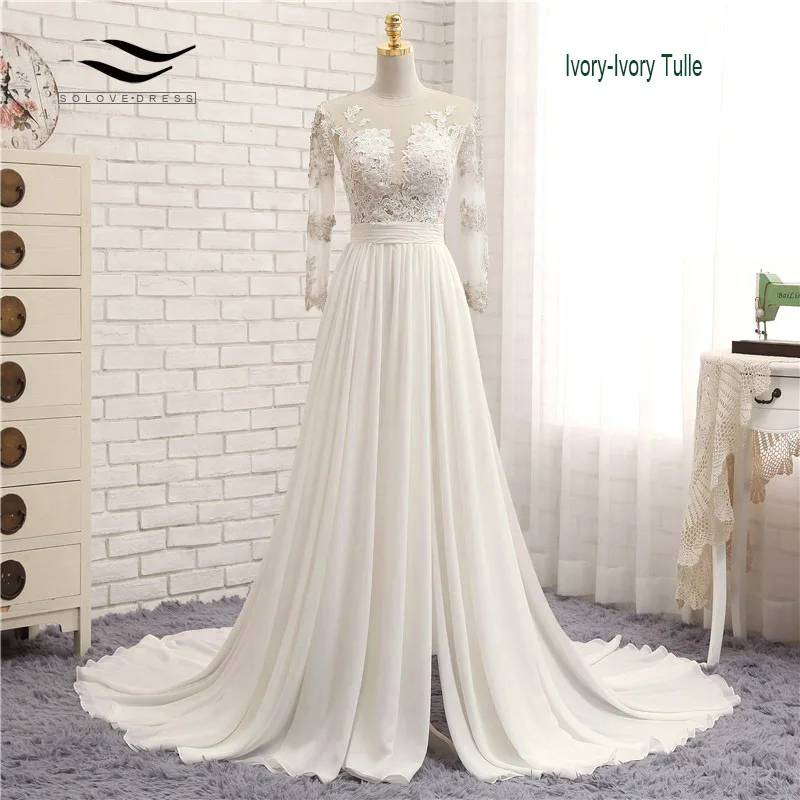 Appliques Sexy V-neck Chiffon Chapel Train Long Zipper Lace A Line Beach Wedding Dress Long Sleeves Bridal Gown 2018 SLD-W593