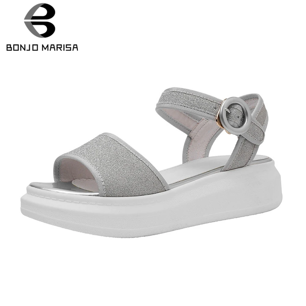 

BONJOMARISA Brand New Fashion Summer Sandals 2020 Ladies Flat Platform Bling Women Shoes Woman Casual Sandals Girl Shoes Female