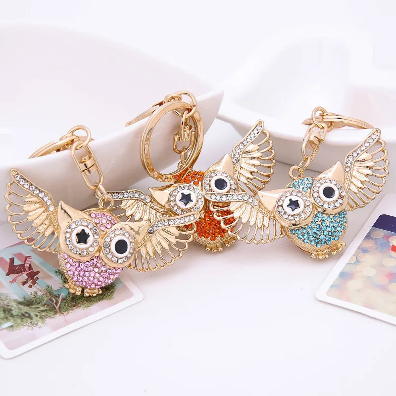 Missxiang 2018 Cute Owl Crystal Charm Purse Handbag Car Key Keyring