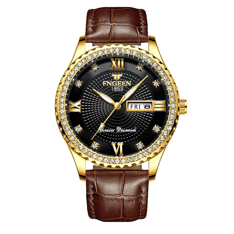 Высококачественные мужские часы от ведущего бренда, Роскошные Кварцевые часы со стальным бриллиантом, мужские часы с датой недели, водонепроницаемые золотые наручные часы
