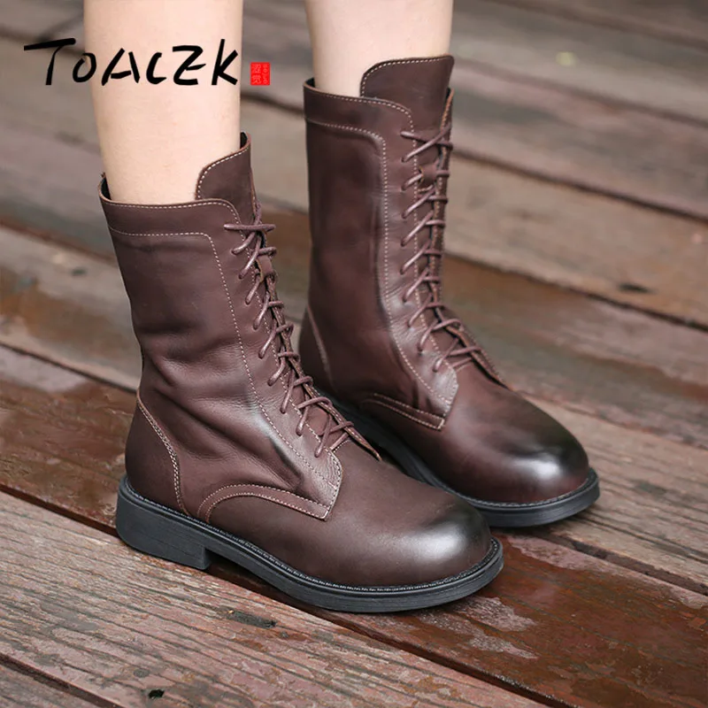 

Autumn new European and American style round head front with flat-bottomed leather tube boots Martin boots women