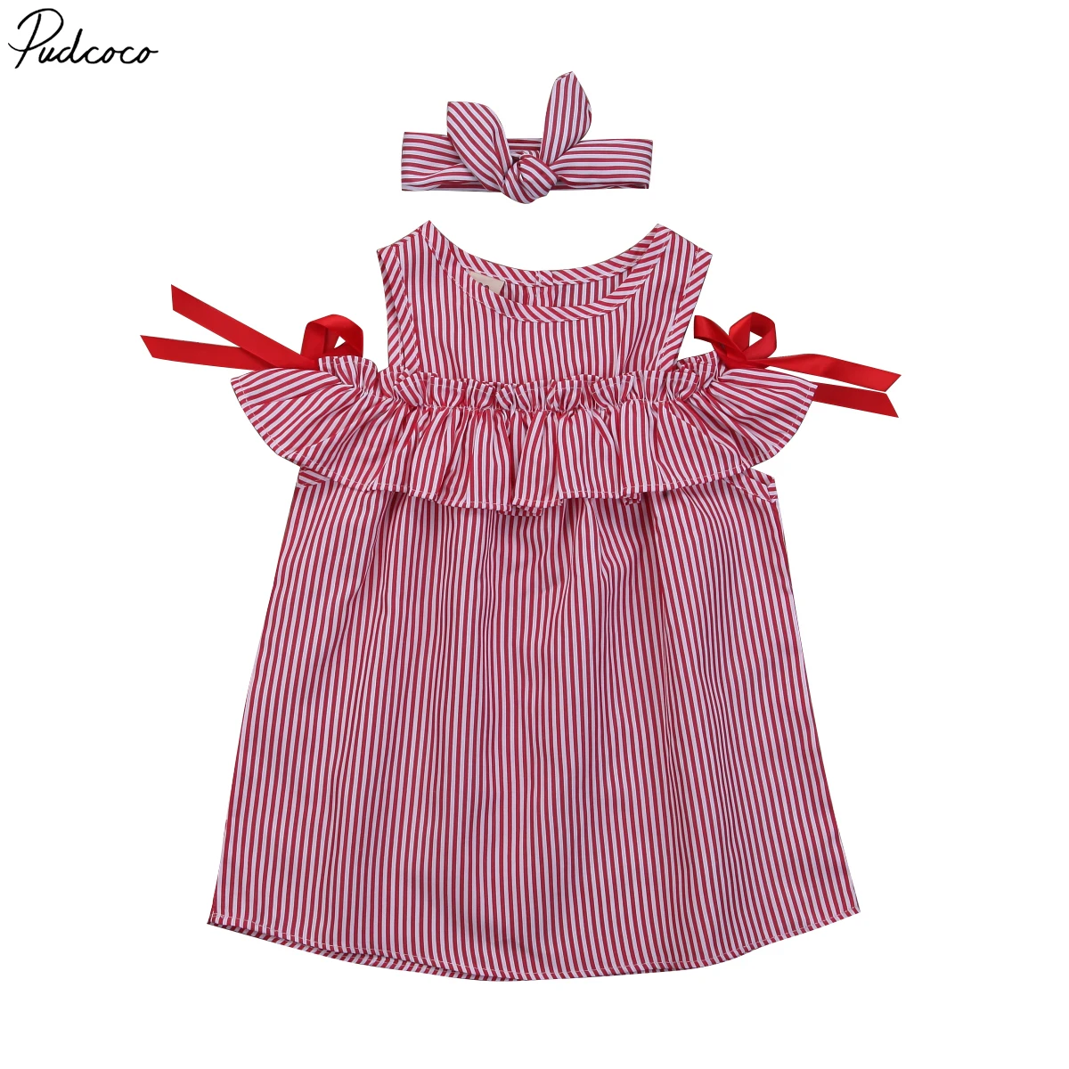 

Helen115 Lovely Kids baby girl clothes Stripe Off Shoulder Dresses+Headband Outfits 1-6Years