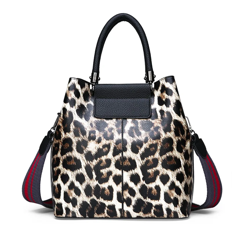 

2019 New Luxury Fashion Leopard Bucket Wide Strap Shoulder Messenger Bags Women Purses and Handbags