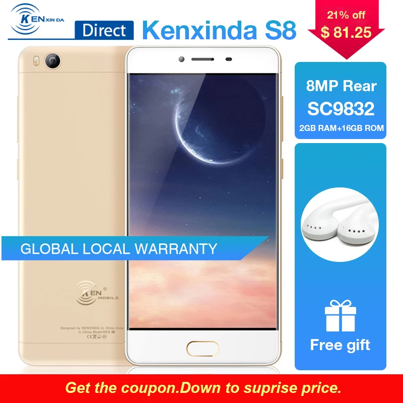 Kenxinda S8 5 0 &quotAndriod7.0 2G + 16G 4 ядра 1 Ghz 720*1280 пикселей Камера Dual Sim 4G отпечатков пальцев 2250