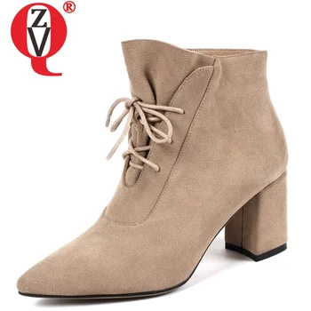 

ZVQ Boots Women Newest 2019 Hot Sale Lace-Up Cow Suede Pointed Toe Cross-Tied High Hoof Heels Office Fashion Elegant Booties