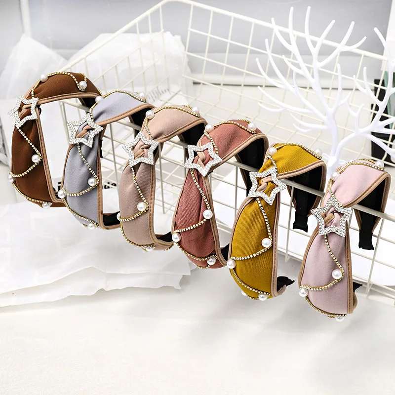 

2019 Fashion Rhinestone Star Pearl Jewel Cloth Wide Hairband For Women Vintage Girls Headbands Hair Clips Hair Accessories