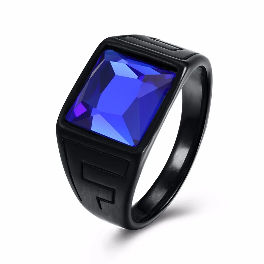 

Black Gun Color Men Ring 316L Stainless Steel Signet Wedding Band Blue Glass Stone Rings Party Retro Jewelry Anillos Anel Bijoux