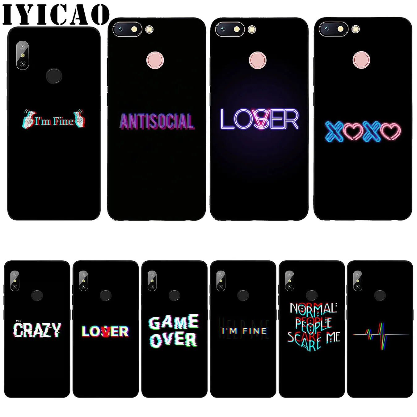 

IYICAO Color text on a black background Silicone Soft Case for Xiaomi Redmi 6A 5A Note 8 7 4 4X 5 Plus 6 Pro Black TPU Cover