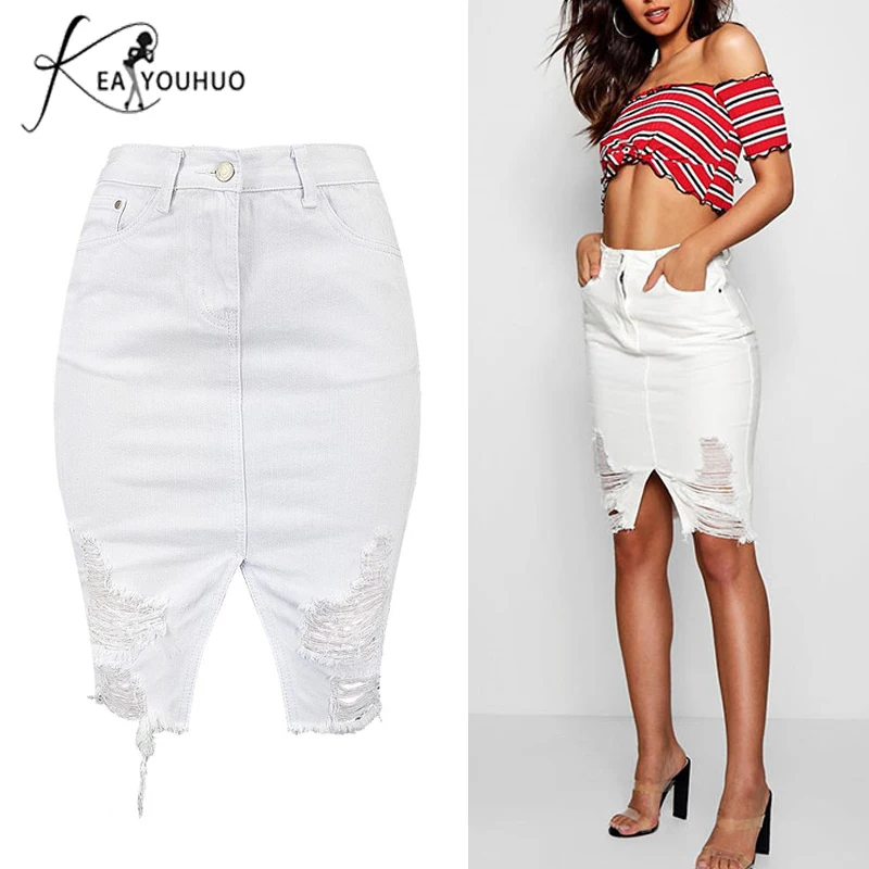 

2018 Winter Female Bodycon Skirts For Women Pencil Denim High Waist Knee -Length Jeans Woman Tassel Black Skirt White Trousers
