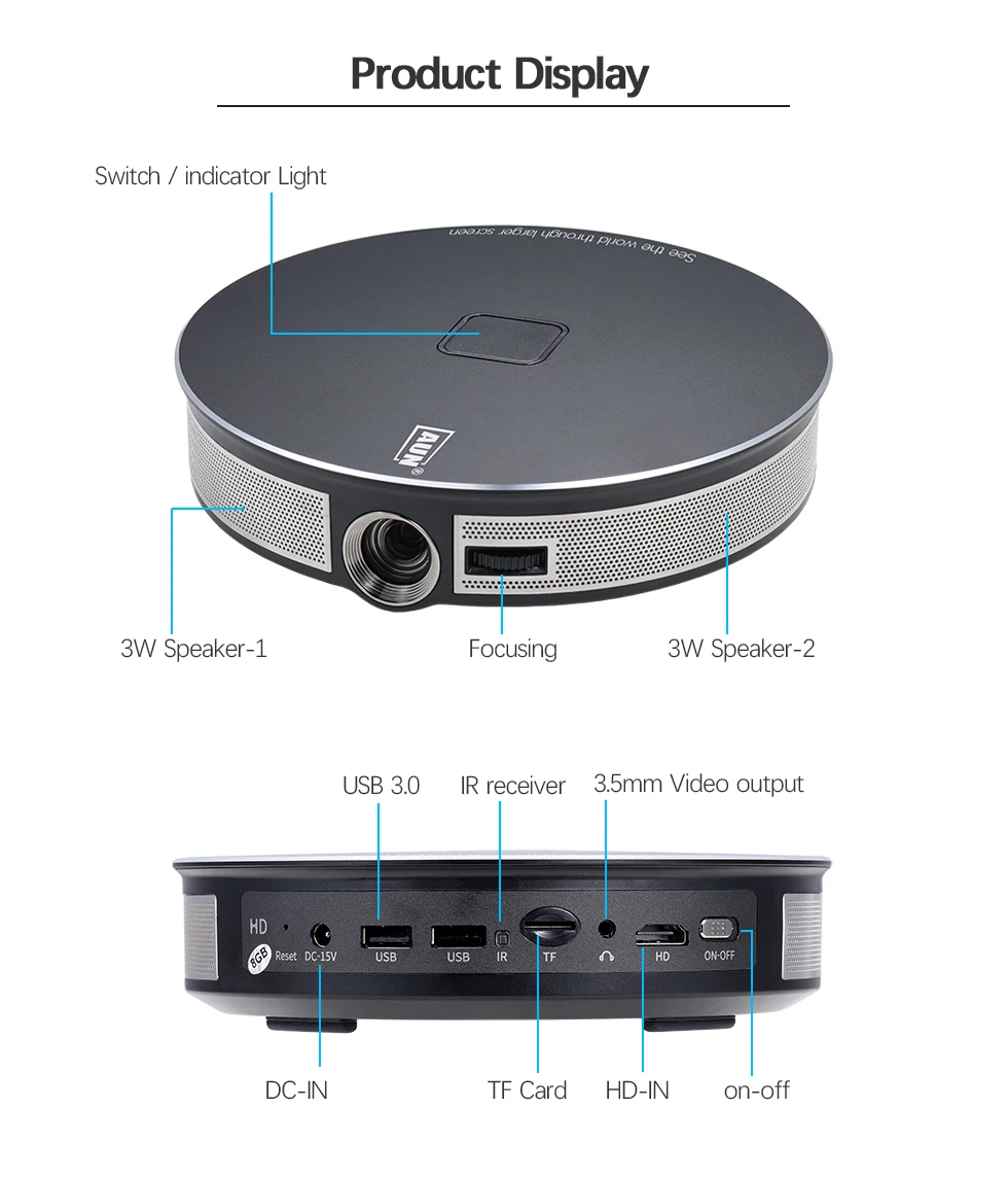 AUN D8S HD проектор, 2G+ 16G, аккумулятор 12000 mAH, разрешение 1280x720, Android wifi. Портативный светодиодный 3D мини-проектор. 1080 P, 4K