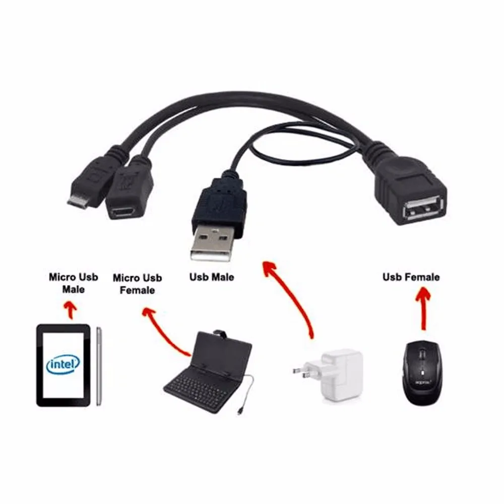 

2 In 1 OTG Micro USB Host Power Y Splitter USB Adapter to Micro 5 Pin Male Female Cable