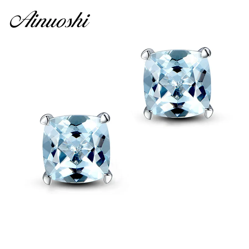 Buy AINUOSHI 4 Carat Topaz Earring Cushion Cut Natural Light Blue Stud Earring