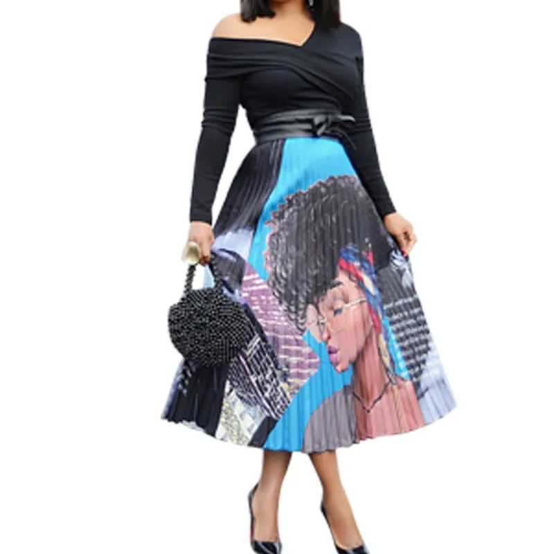 2019 New Women Skirts Vintage Character Letter Print High Waist Mid-calf Length Pleated Skirts Vintage Big Swing Skirt 3 Color 2019 New Women Skirts Vintage Character Letter Print High Waist Mid-calf Length Pleated Skirts Vintage Big Swing Skirt 3 Color