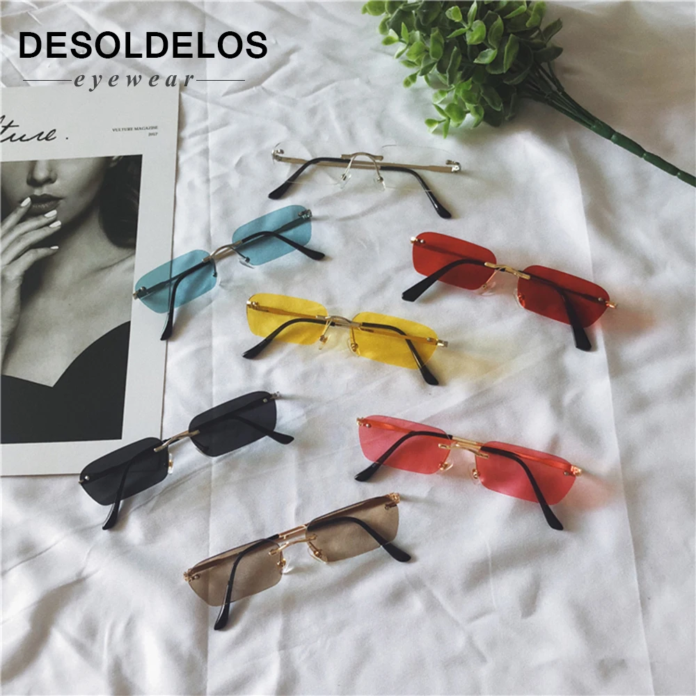 DesolDelos Narrow Sunglasses Men Rimless Summer Red Blue Black Rectangular Sun glasses for Women Small Face Hot Selling