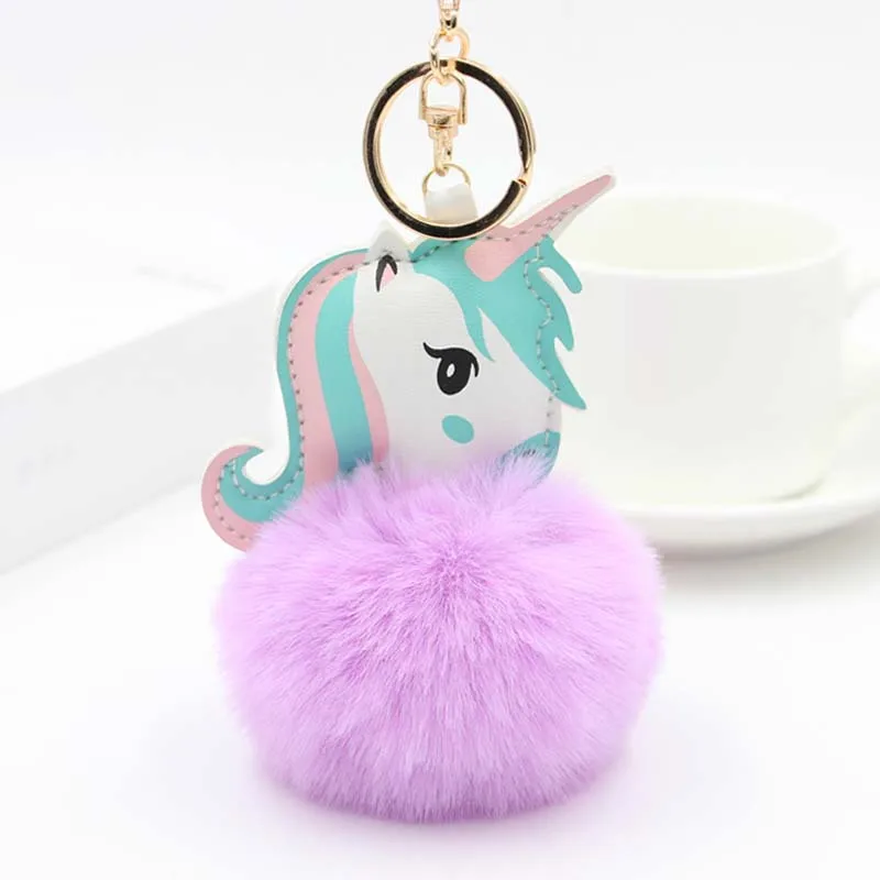 Pompom Unicorn Keychain Rabbit Fur Ball Horse Key chain porte clef Bag Car Keyring llavero mujer chaveiros For Women