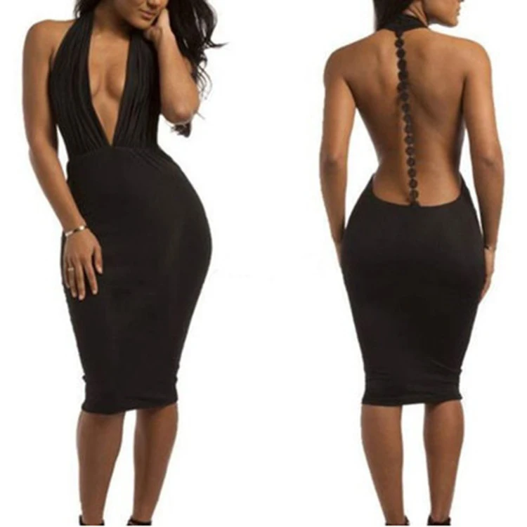 

Women Sexy Summer Deep V Neck Halter Sleeveless Bodycon Club Dress