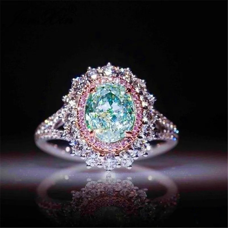 JUNXIN Female Oval Clear Green Zircon Wedding Rings For Women 925 Silver Filled Pink White Crystal Birthstone Engagement Ring CZ