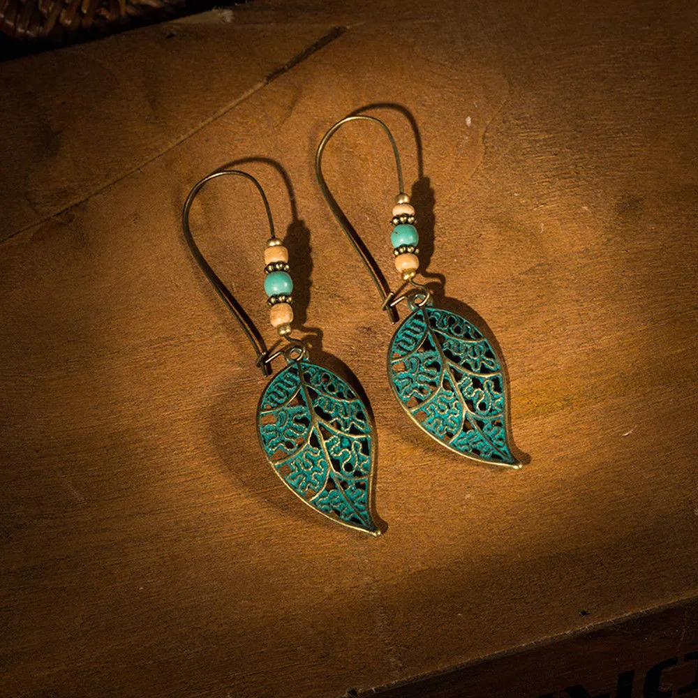 

Fashion Women Gilr Vintage Green Leaf Bead Hollow Bronze Long Dangle Drop Earring Retro Gift Earring Jewelry