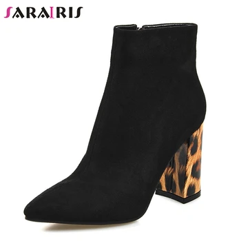 

SARAIRIS Women Flock Ankle Boots Black Pointed Toe Solid High Heels Boots Short Plush Fashion Heels 9.5 cm Winter Warm Boots